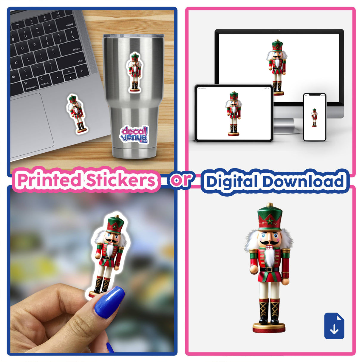 Christmas Nutcracker Envelope Seal Stickers on various surfaces, including a laptop and a tumbler, showcasing their versatility as classic holiday seals for cards and gifts from Decal Venue.