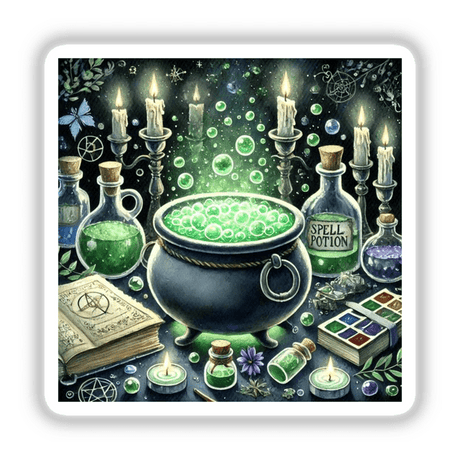 Witch's Brew - Cauldron with Bubbling Potion Watercolor features a cauldron with green bubbles, surrounded by candles and mystical items, available as stickers or digital artwork.