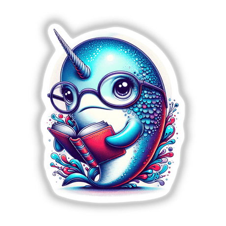 Cartoon narwhal with reading glasses engrossed in an open book, available as Narwhal With Reading Glasses Open Book stickers or digital artwork from Decal Venue.