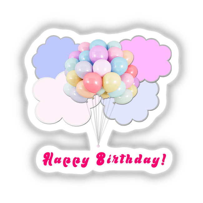Colorful pastel balloons floating on pink and lavender clouds against a blank background. Text "Happy Birthday!" displayed prominently.