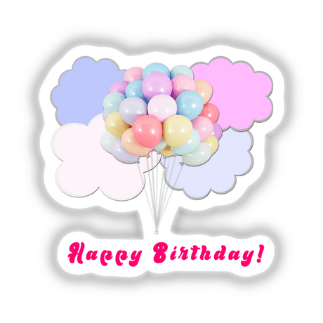 Colorful pastel balloons floating on pink and lavender clouds against a blank background. Text "Happy Birthday!" displayed prominently.