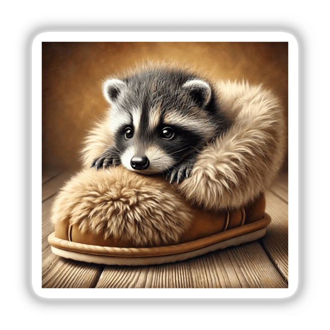 Baby Raccoon in Fluffy Slipper: A cute raccoon cozily nestled in a soft, furry slipper, perfect as a sticker or digital artwork from Decal Venue.