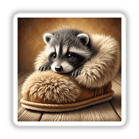 Baby Raccoon in Fluffy Slipper: A cute raccoon cozily nestled in a soft, furry slipper, perfect as a sticker or digital artwork from Decal Venue.