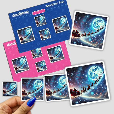 Hand holding a sticker pack titled Starlit Sleigh - Santa’s Sleigh Flying Across a Starry Sky featuring Santa Claus riding a sleigh with reindeers.
