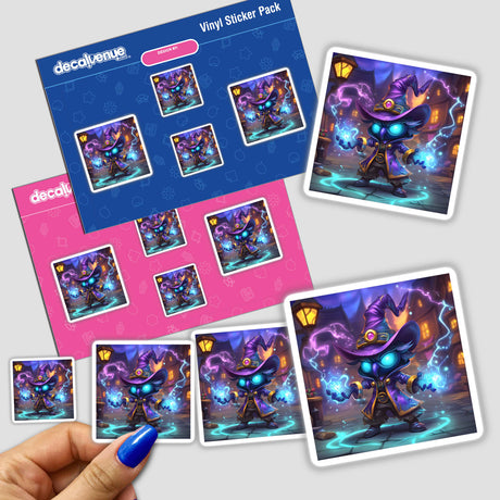 Hand holding sticker pack featuring a sorcerer with glowing magical effects, including a cartoon wizard and video game-inspired designs.