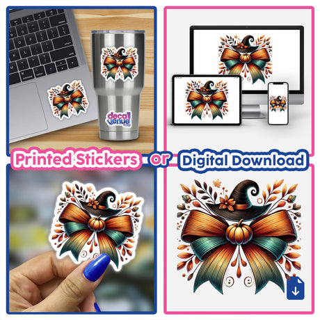 Halloween Coquette Bow Witch Hat Pumpkin stickers and digital artwork collage, featuring various applications on laptops, phones, and nails.