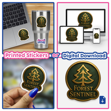 Forest Sentinel – RPG-Style Skill Badge features a gold nature emblem, available as stickers or digital artwork, exemplifying Decal Venue's unique vinyl and digital art offerings.