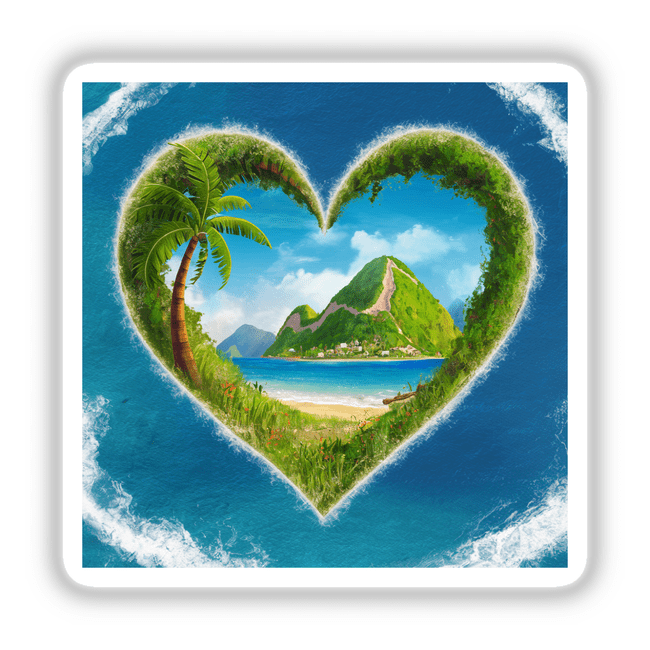 Tropical Heart Island - Picturesque digital artwork featuring a heart-shaped island with palm trees, a sandy beach, and a mountainous landscape against a vibrant blue sky and ocean backdrop.