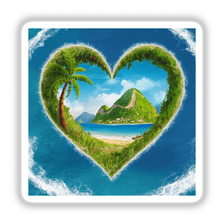 Tropical Heart Island - Picturesque digital artwork featuring a heart-shaped island with palm trees, a sandy beach, and a mountainous landscape against a vibrant blue sky and ocean backdrop.