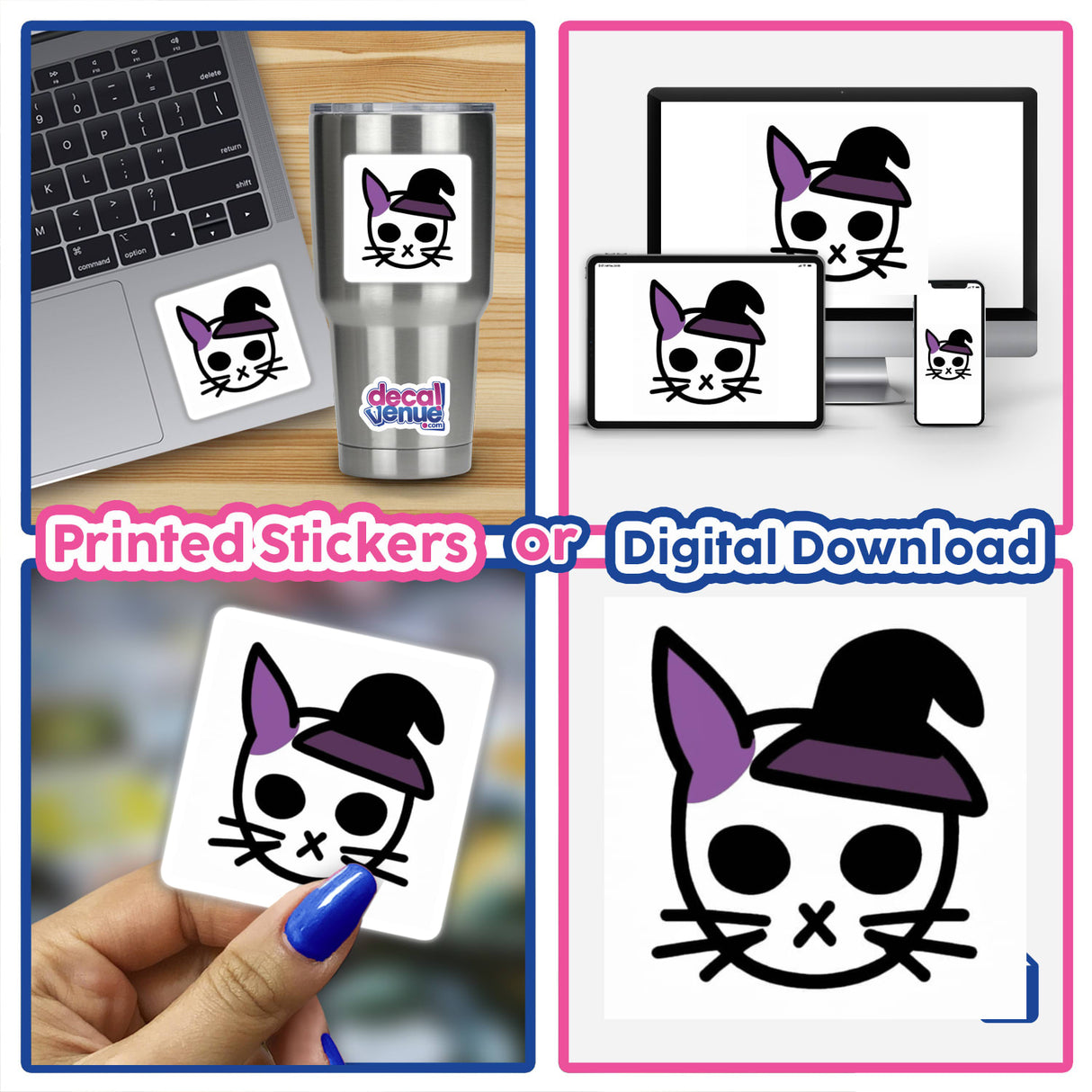 Swag Bunny sticker featuring a cartoon cat in a hat, shown on a laptop. Available as a sticker or digital artwork from Decal Venue.