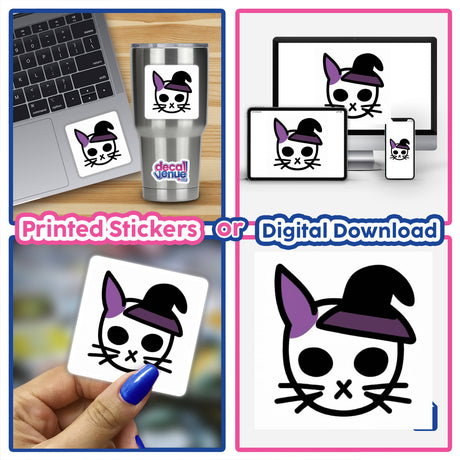 Swag Bunny sticker featuring a cartoon cat in a hat, shown on a laptop. Available as a sticker or digital artwork from Decal Venue.