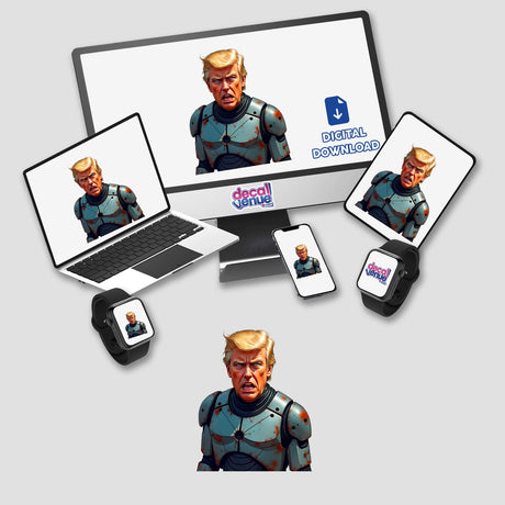 Futuristic President Donald Trump depicted in a cartoon style on a computer monitor and laptop, available as stickers or digital artwork.