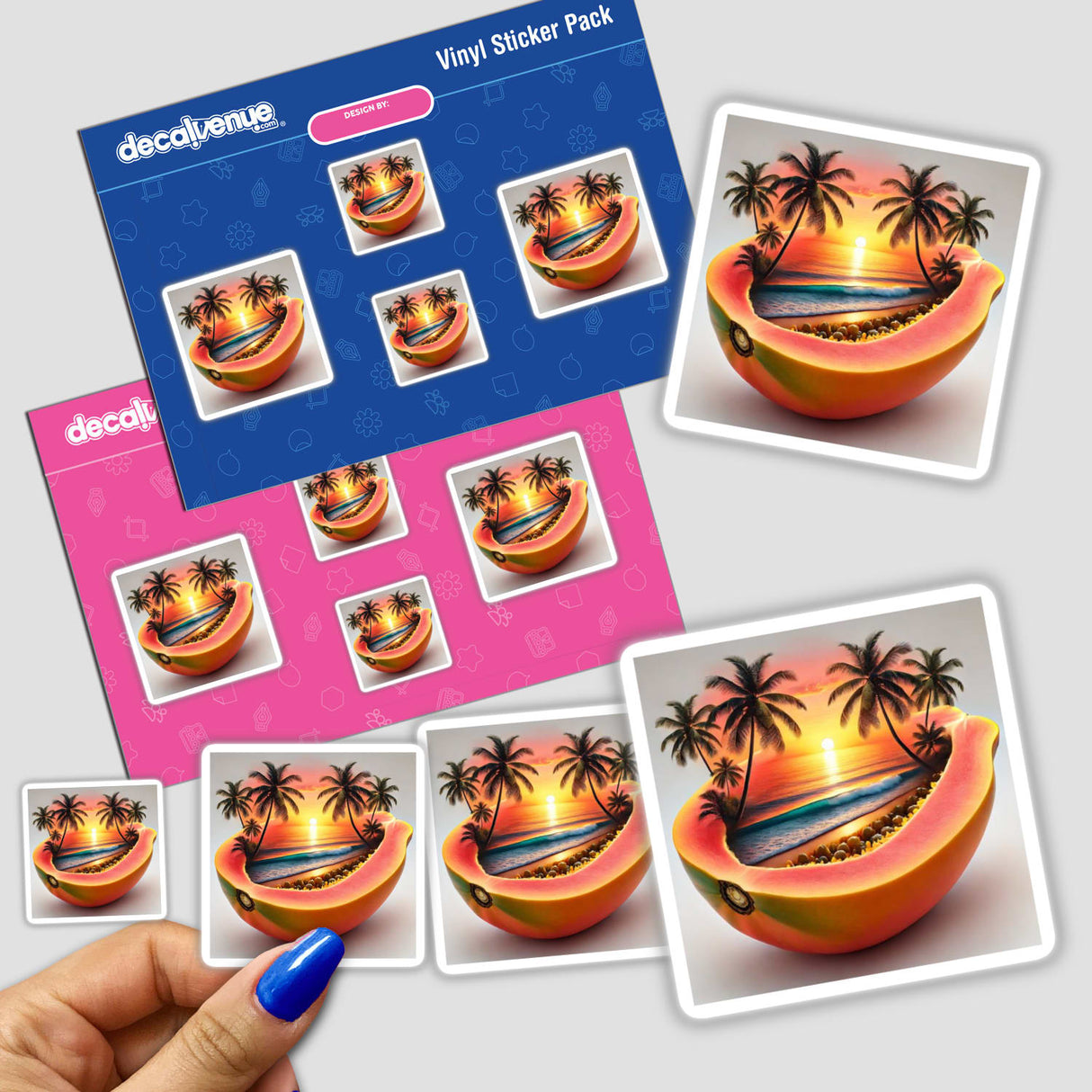 Hand holding a Sunset in the Tropics Beach Scene Inside a Papaya sticker pack from Decal Venue, featuring tropical beach scenes with palm trees inside papayas.