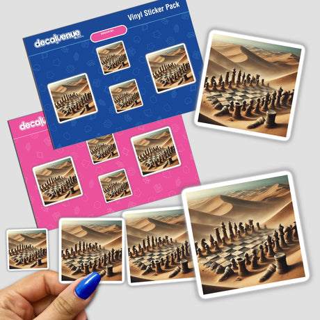 Hand holding a sticker pack titled Timeless Game - Chess Pieces Frozen in Sand, featuring detailed chess piece illustrations.