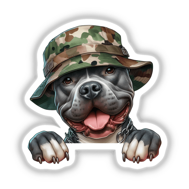 Peeking Pitbul Dog in Camo Bucket Hat