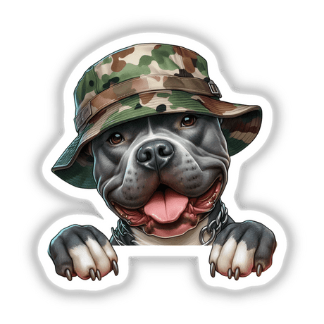 Peeking Pitbul Dog in Camo Bucket Hat