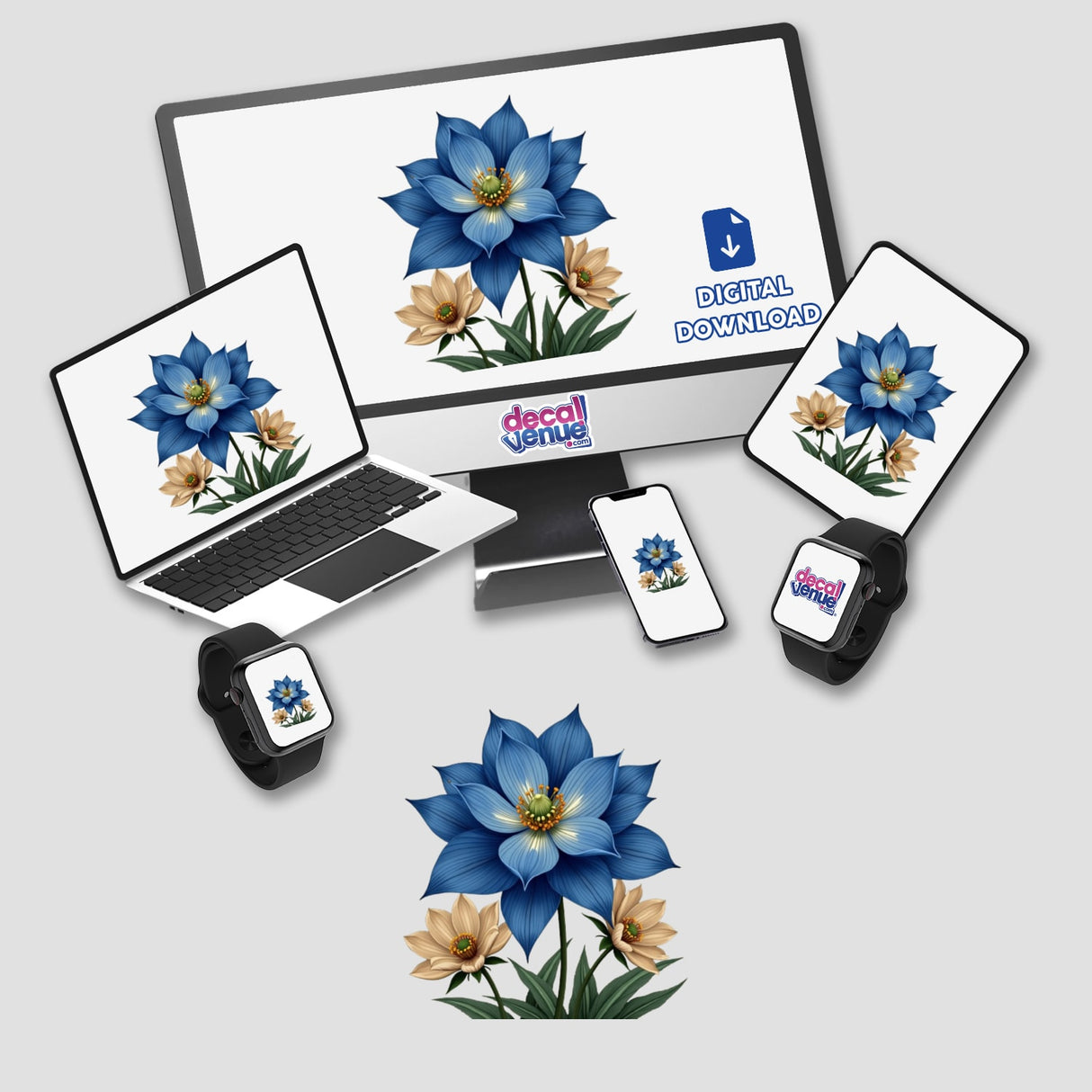 Elegant Blue and Cream Flower Clipart Stickers on computer monitor and laptop screens, showcasing digital artwork available for commercial use download.