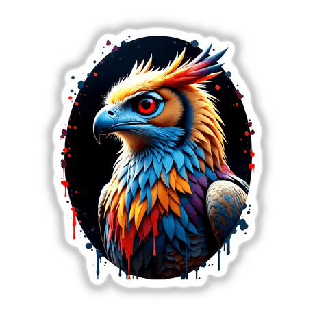 A Cool Hybrid Hawk Owl featuring intricate feathers and striking red eyes, available as unique stickers or digital artwork, embodying Decal Venue's artistic flair in vinyl and digital art.