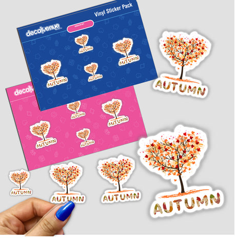 Autumn Tree sticker pack featuring heart-shaped leafy trees and text, available as stickers or digital artwork, showcases unique designs from Decal Venue's collection.