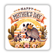 Happy Mother's Day card featuring a whimsical illustration of an armadillo with a rose and a baby mouse, surrounded by cactus and flowers, available as stickers or digital artwork.
