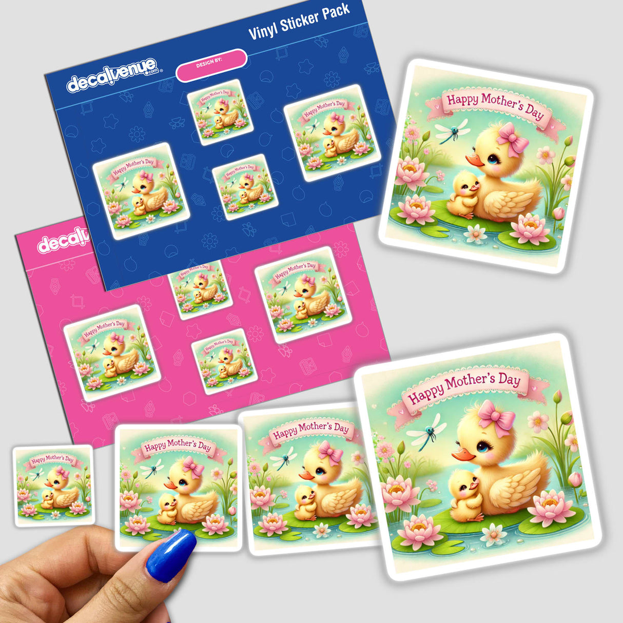 Happy Mothers Day Ducklings And Flowers With Pond features charming stickers depicting ducklings, flowers, and cartoon ducks, emphasizing a Mother's Day theme, available as stickers or digital artwork from Decal Venue.