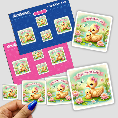 Happy Mothers Day Ducklings And Flowers With Pond features charming stickers depicting ducklings, flowers, and cartoon ducks, emphasizing a Mother's Day theme, available as stickers or digital artwork from Decal Venue.