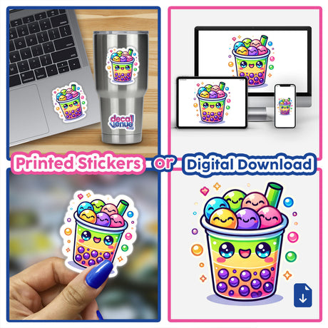 Cute Cartoon Boba Tea with Smiley Faces featured as stickers on a laptop and a cup, with multiple close-ups showcasing the adorable design in a collage format.