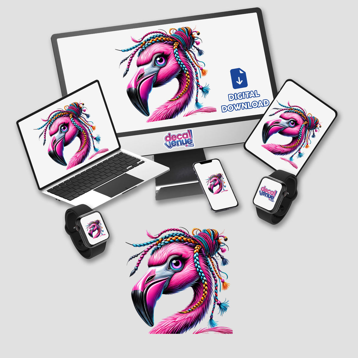 Flamingo with Braided Yarn Hair Bun on a laptop and monitor screen, showcasing its whimsical design for stickers or digital art from Decal Venue.