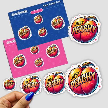 Hand holding a sticker featuring a peach logo with the text Peach Just Peachy. Available as stickers or digital artwork from Decal Venue.