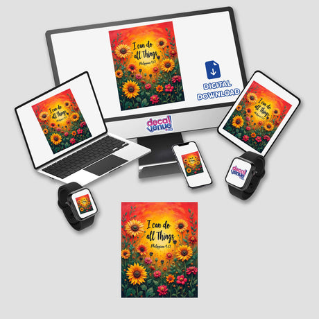 Fauvist Spring Zinnia “I Can Do All Things” Philippians 4:13 Sticker or Clipart displayed on a computer monitor and laptop, showcasing vibrant floral artwork for Decal Venue's unique digital art collection.