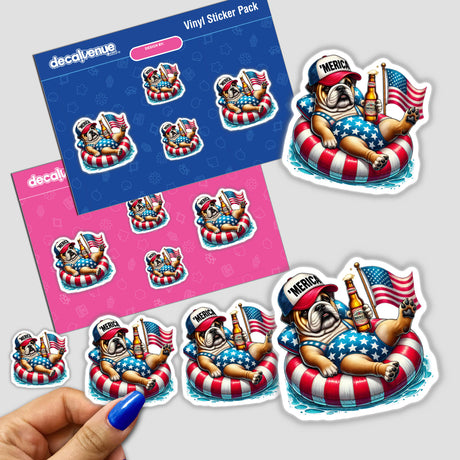 Hand holding a Bulldog American Flag Float Merica sticker, featuring a bulldog on a float. Multiple stickers with the same design are displayed prominently.