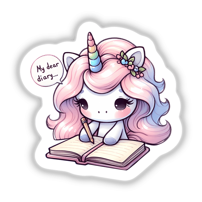 Cute unicorn digital artwork with adorned horn writing in a diary