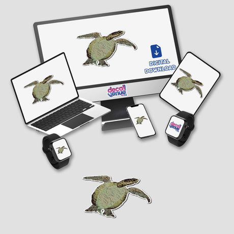 Sea turtle-themed stickers adorn a laptop, monitor, and smartwatch, highlighting the aquatic design available as vinyl decals or digital artwork from Decal Venue.