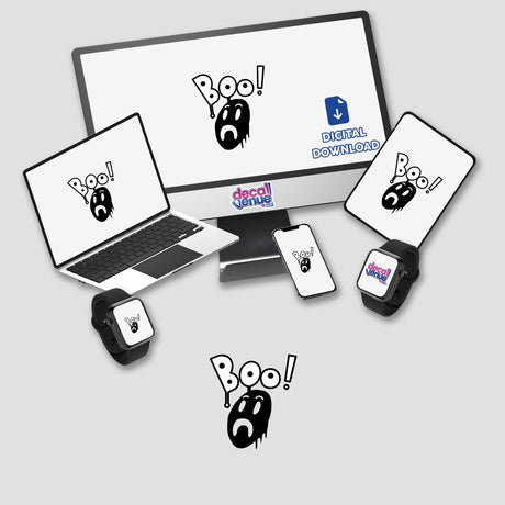 Boo Ghost Face displayed on a computer monitor and laptop screen, showcasing a cartoon face design. Available as stickers or digital artwork from Decal Venue, known for unique sticker collections.