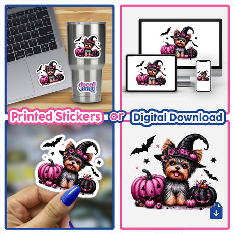 Whimsical Yorkie dog with pink and black glitter Halloween pumpkins. Colorful digital artwork showcased on various products and devices.