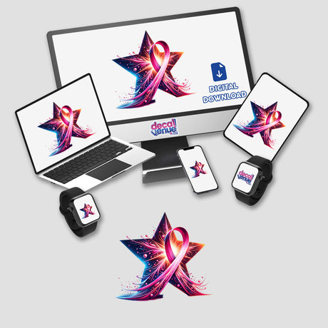 Shining Star Pink Ribbon Breast Cancer Awareness design featuring a laptop and monitor with pink ribbons, available as stickers or digital artwork, symbolizing support and awareness.