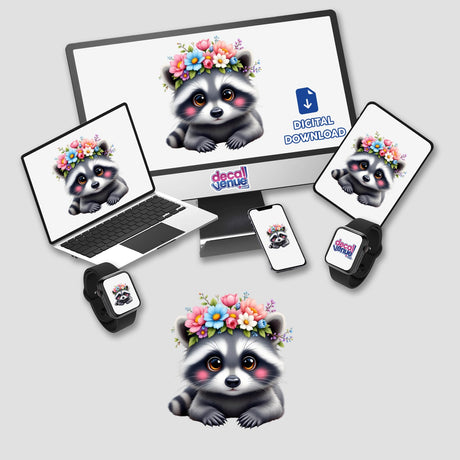 Adorable Raccoon Wearing a Floral Crown as a whimsical cartoon character, perfect for stickers or digital art, featuring a raccoon with flowers, ideal for personalizing belongings or digital spaces.