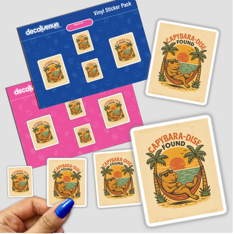 Capybara-Dise Found Sticker or Clipart featuring a cartoon capybara lounging in a hammock among palm trees, available with commercial rights. Perfect for tropical-themed projects from Decal Venue.