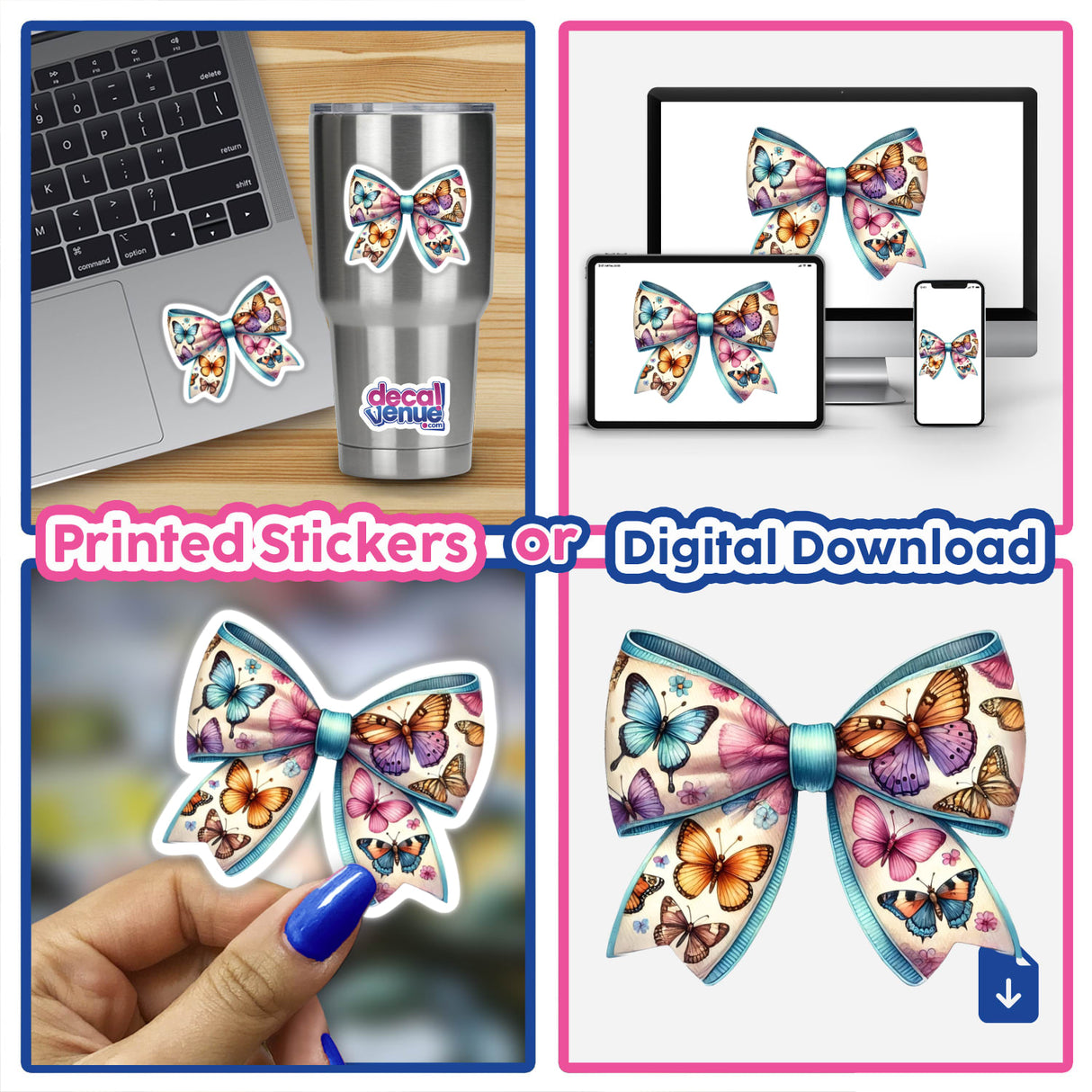 Butterfly Pattern Coquette Bow - Vibrant digital artwork featuring a colorful butterfly pattern, available as printed stickers or a digital download from Decal Venue's collection of unique stickers and digital art.