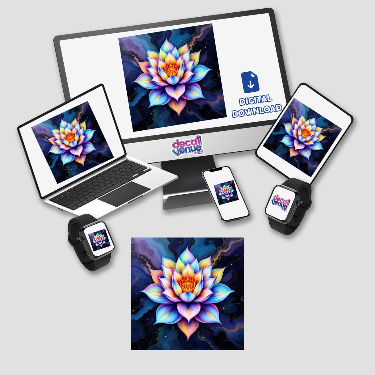 Lotus Flower Alcohol Ink Design displayed on a computer monitor and laptop, highlighting intricate floral artwork. Available as stickers or digital artwork from Decal Venue, known for unique stickers and digital art.