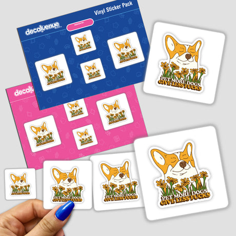 Sticker pack titled Pet More Dogs Give Less Fu**s featuring a cartoon dog surrounded by flowers, held in a hand, available as both stickers and digital artwork from Decal Venue.