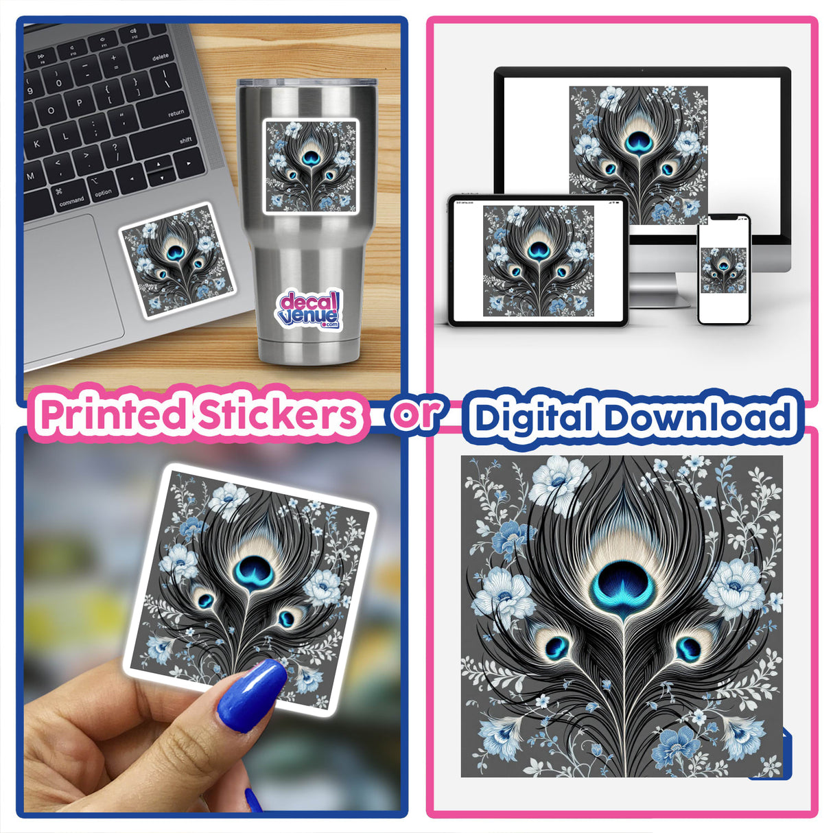 Chinoiserie Peacock Feather depicted as a digital artwork, shown on a laptop screen alongside a sticker variant, highlighting its intricate design suitable for unique decor.