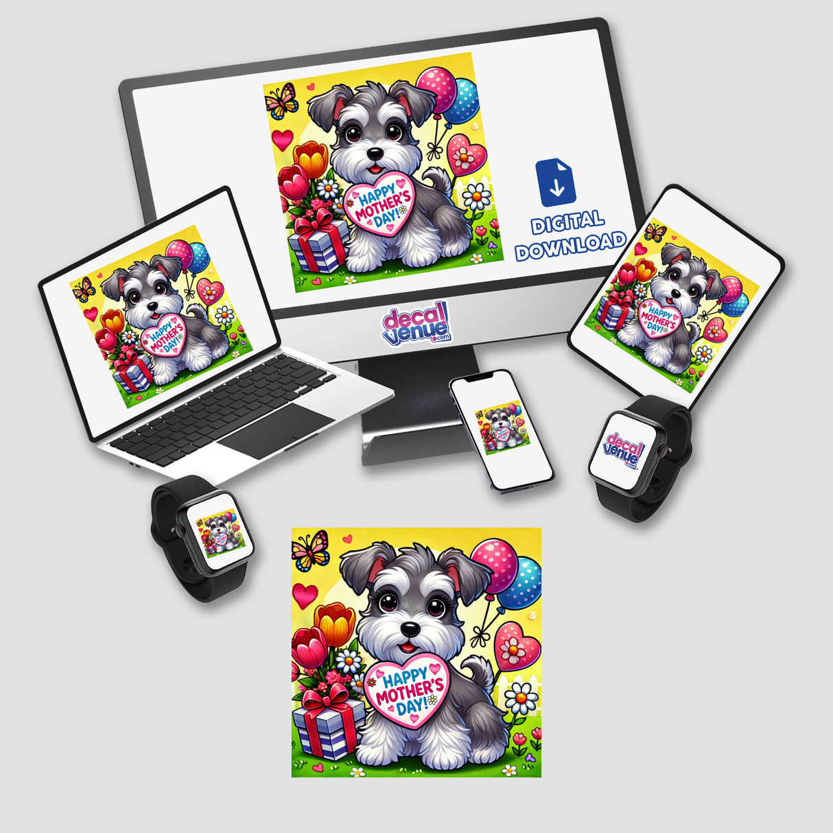 Mother’s Day Garden Schnauzer scene featuring a cartoon dog holding a heart, surrounded by flowers and balloons, displayed on a computer monitor and laptop. Available as stickers or digital artwork.