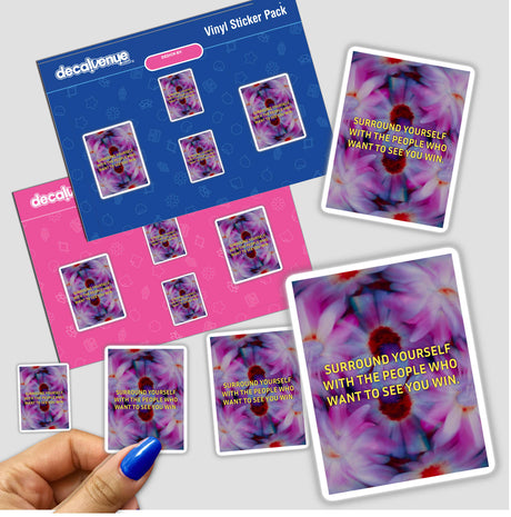 Surround yourself with the people who want to see you win. A vibrant image of pink and purple flowers encircling this motivational quote, available as stickers or digital artwork, promoting positivity.