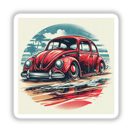 Iconic Red Volkswagen Bug Digital Artwork
Vintage VW Beetle, Tropical Beach Scenery