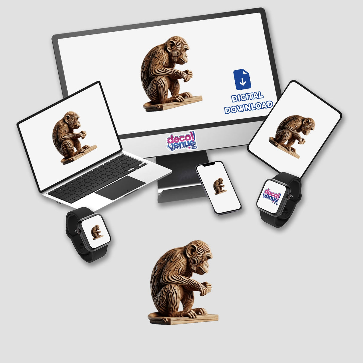 Carved Wood Monkey displayed on a laptop screen, showcasing its intricate design. Available as stickers or digital artwork from Decal Venue, perfect for those seeking unique decorative pieces.