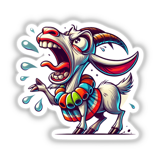 Overdramatic Goat Yelling cartoon sticker or digital art featuring a goat with an open mouth and colorful necklace.