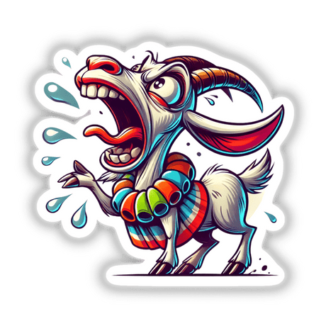 Overdramatic Goat Yelling cartoon sticker or digital art featuring a goat with an open mouth and colorful necklace.