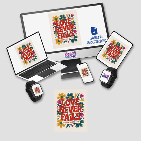 Love Never Fails 1 Corinthians 13:8 Sticker or Clipart with Commercial Rights, featuring a computer monitor, laptop, phone, and tablet displaying floral images, highlighting digital versatility and charm.