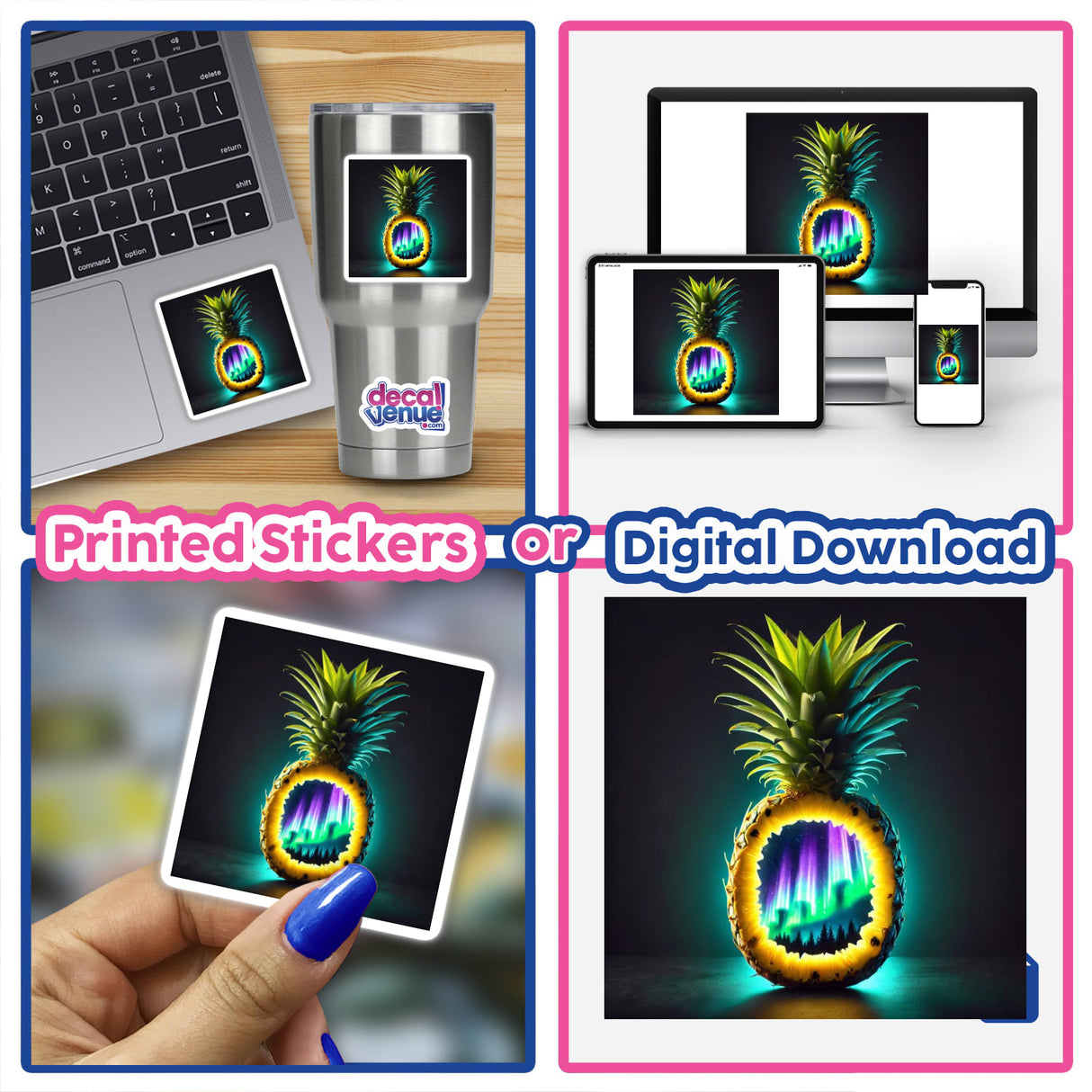 Collage featuring various depictions of a pineapple with northern lights inside, titled Aurora in the Tropics Northern Lights Inside a Pineapple, available as stickers or digital artwork from Decal Venue.